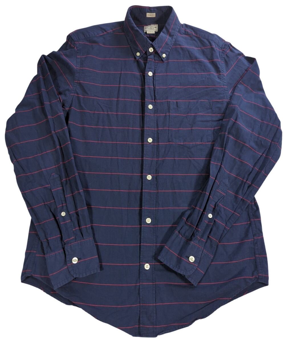 J Crew Slim Fit Tailored Shirt M Navy Red Stripe Long Sleeve Button Front Cotton